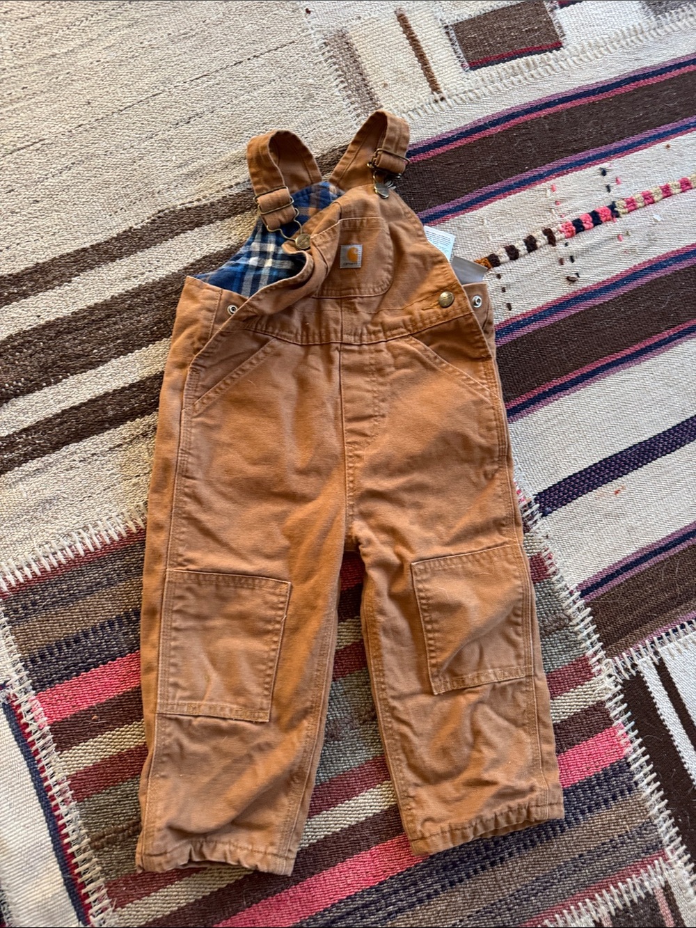 Carhartt Kids Tan Canvas Overalls with Plaid Lining